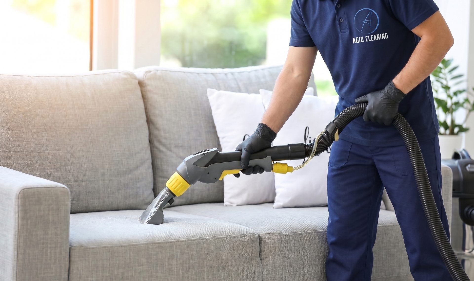 Vakspecialist reinigt een bank met professionele extractie-apparatuur